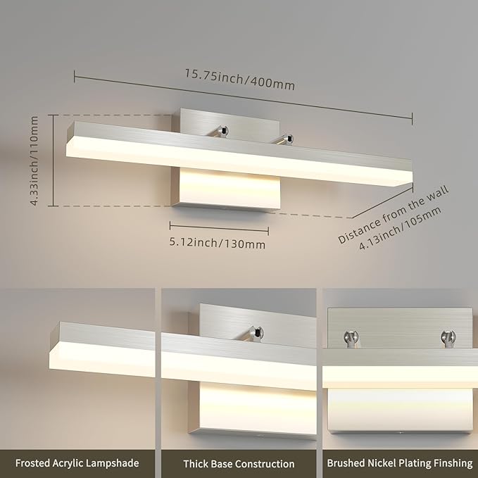 Brushed Nickel Vanity Lights - Dimmable 5CCT Bathroom Lighting Fixtures Over Mirror, Adjustable Angle Wall Light, 15.75" Long 12W LED Bar Light
