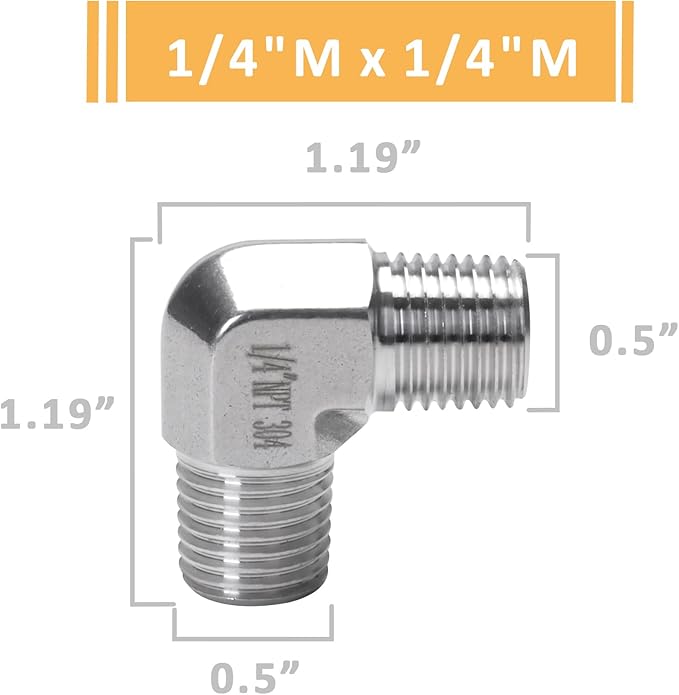 90 Degree Street Elbow - 1/4" NPT Male to 1/4" NPT Male Stainless Steel 304 Heavy Duty Forged Barstock Street Elbow Adapter Pipe Fitting (pack of 2)