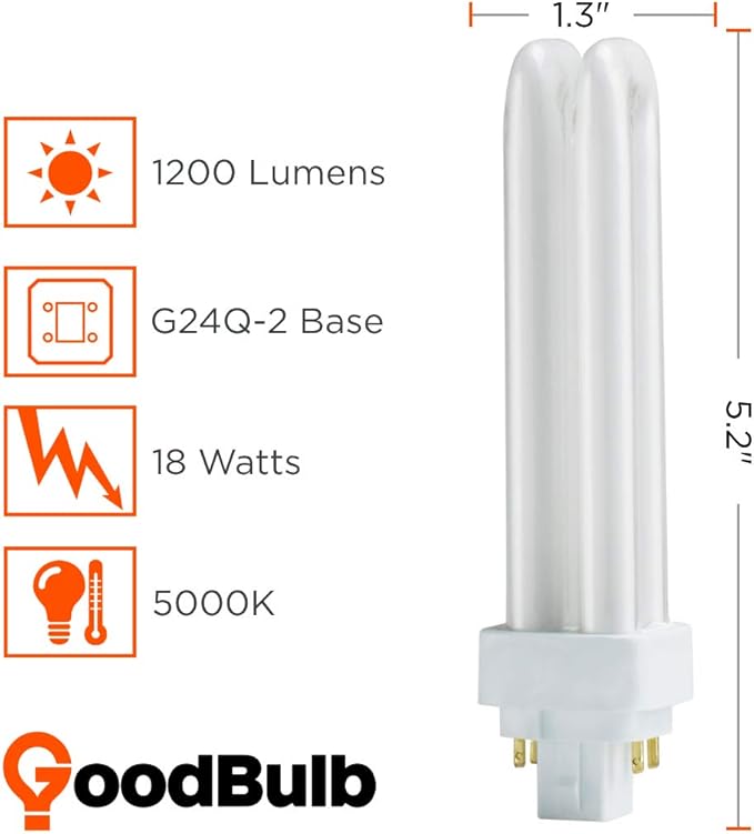 GoodBulb 18 Watt CFL Light Bulbs | 4 Pin G24Q-2 Base 5000K Daylight | 18W High Output 1200 Lumens | Double Tube Compact Fluorescent Light Bulbs Plug-in | Car Dealership Lighting | 10 Pack