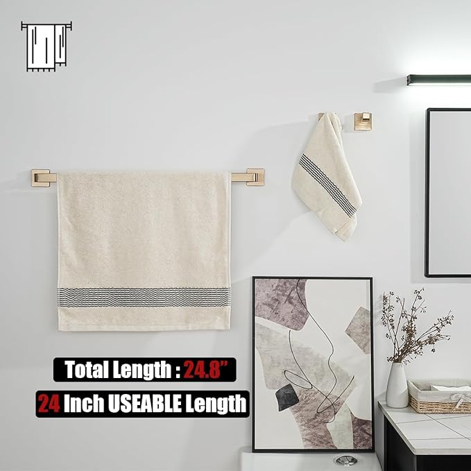 JQK Champagne Bronze Towel Bar, 24 Inch 304 Stainless Steel Thicken 0.8mm Towel Rack Bathroom, Towel Holder Wall Mount, Total Length 26.41 Inch, TB250L24-CB