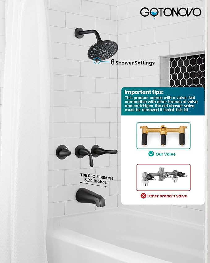 gotonovo 3 Handle Tub Shower Faucet Set, Bathtub Shower Fixture,Bathroom Tub and Shower Faucet Combo Shower System Complete Tub and Shower Trim Kit with 6 Settings Showerhead Matte Black