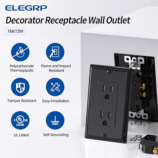 ELEGRP Decorator Wall Receptacle Outlet, Tamper Resistant 15 Amp Standard Electrical Wall Outlet, Residential Grade, Self-grounding, 125V, Wall Plate Included, UL Listed, Glossy Black, 50 Pack