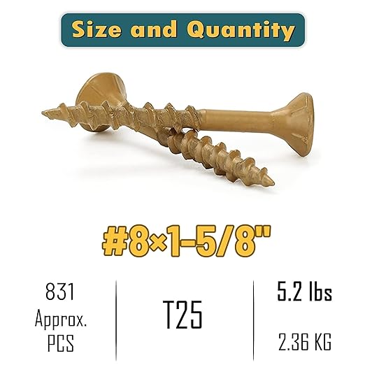 WELLOCKS Deck Screws, Wood Screws, Tan, Superior Rust Resistant, Epoxy Coated, Above 1000 Hour Salt Spray Coating T25 Torx Star Bit Included for Outdoor Wood Fence (5.2LBS Tan, #8×1-5/8")