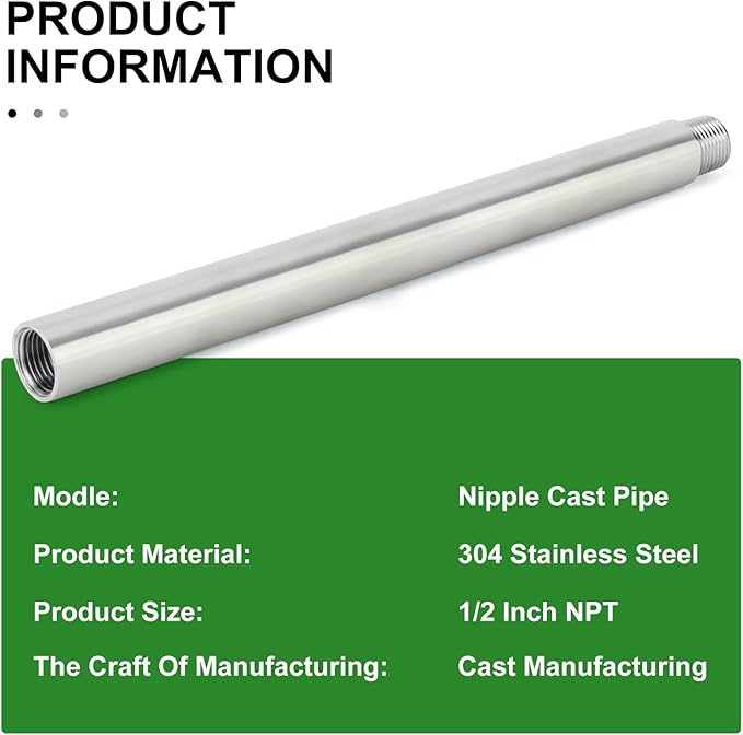 TAISHER 1PCS Stainless Steel Pipe Fittings, 1/2" NPT Male x 1/2" NPT Female Threaded, 12" Length Nipple Cast Pipe