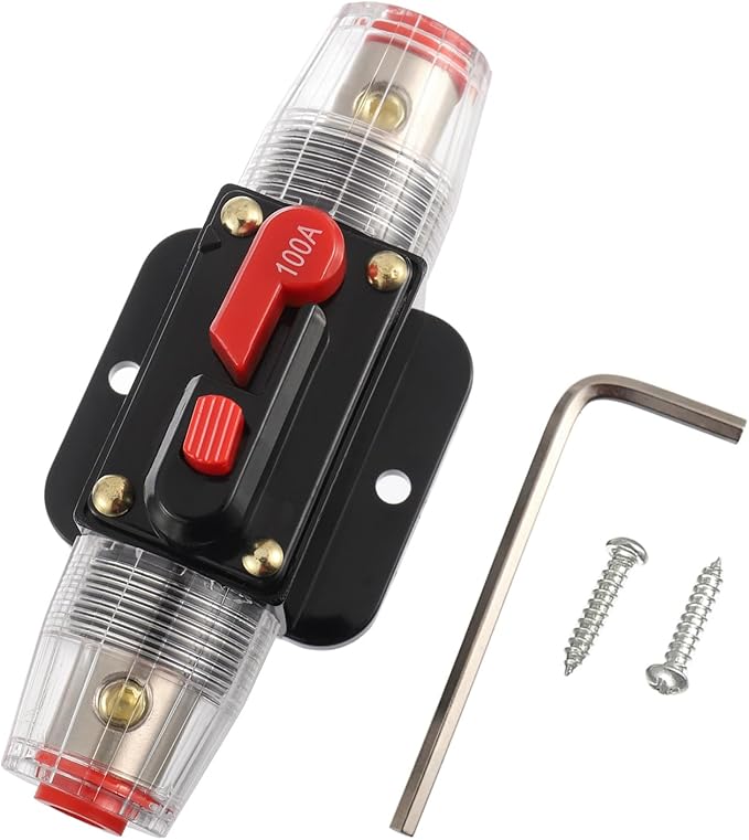 BOJACK 100A Audio Inline Circuit Breaker Reset Fuse Holder 12-24V DC Manual Reset Fuse Holder 3-15 AWG Overload Protection for Car Audio Sound Amplifier System RV Marine Boat Truck Solar Inverter