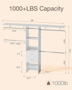 Closet System, 5-9FT Closet Organizer System with Wooden Drawers and Shoe Rack, Walk in Closet Organizers and Storage with 5 Adjustable Hanging Rods & Movable Shelves, Heavy Duty Wall Mount
