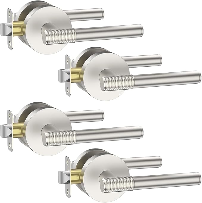 Asidrama 4 Pack Passage Brushed Nickel Door Handles, Door Lever with Door Knobs Indoor for Bedroom or Bathroom, Heavy Duty Door Handles Interior with Locks for Left Right Sided Doors