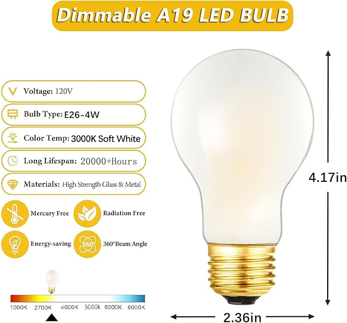 A19 Frosted Vintage LED Edison Bulbs 40W, E26 Dimmable LED Filament Light Bulbs, 3000K Soft White,4W Equivalent 40W,400LM, AC120V, A19 Frosted Light Bulbs with 90 CRI,6Pack