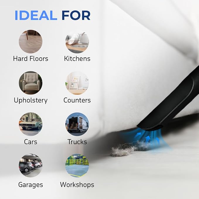 Koblenz WD-2.5L Portable Wet Dry Vacuum, 2.5-Gallon 2.5 PHP Suction Plus Blower Vacuum Cleaner for Liquids, Dust, Pet Hairs, 10’ Reach, For Car Cleaning, Wall-Mount Support, Parts Included, Blue/Black