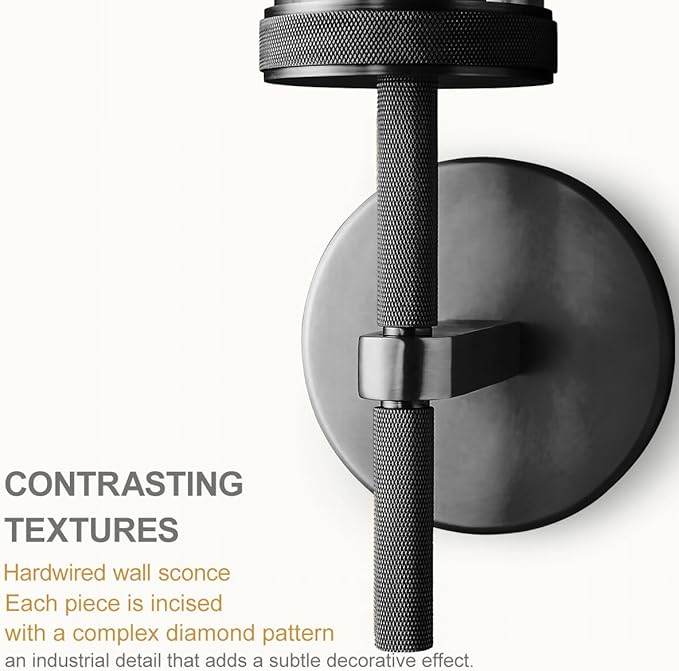 Black Wall Sconces Set of Two, 19" Knurled Black Sconces Wall Lighting, Tube Glass Bathroom Sconces Wall Lights for Bedroom Living Room Vanity Sconce Wall Lamp for Hallway, Staircase