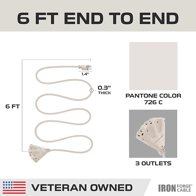 Iron Forge Cable Weatherproof 6 Ft Outdoor Extension Cord with 3 Outlets - 16/3 SJTW Heavy Duty Beige Extension Cord 3 Prong - 13 Amp Power Cable