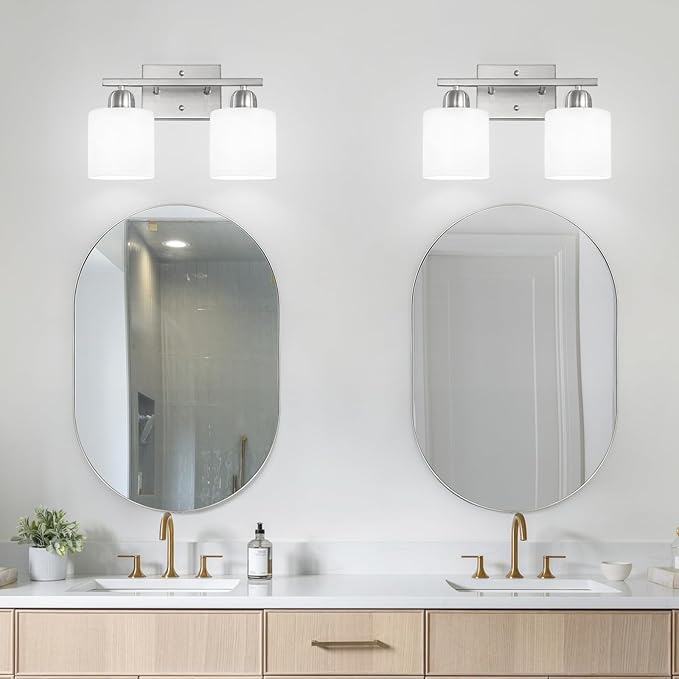 Brushed Nickel Bathroom Light, 2 Light Bathroom Vanity Light Brushed Nickel, Vanity Lamp with Milky White Frosted Glass Shades, E26 Socket