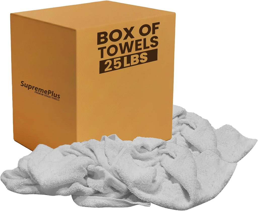 Premium Terry Towels for Cleaning - 25 lbs. Box, 20”x20” - 100% Cotton Towels Cleaning Rags - Multipurpose White Terry Cloth Rags for Garage, Shop, Auto, Home & Janitorial Use