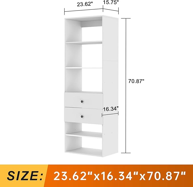 Modular Closet System: Wall Mounted Garment Rack Walk-in Clothes Storage with Drawers Built in Closet Organization with Shelves for Bedroom White 23.62''L x 16.34''W x 70.87''H