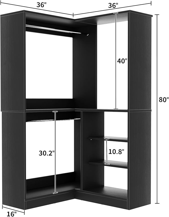 Unikito Corner Closet System, 36” Large Freestanding Closet Organizer Tower with 2 Hanging Rods and Storage Shelves, Sturdy Walk in Closet Kit for Bedroom and Entryway, 36" W x 36" D x 80" H, Black