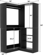 Unikito Corner Closet System, 36” Large Freestanding Closet Organizer Tower with 2 Hanging Rods and Storage Shelves, Sturdy Walk in Closet Kit for Bedroom and Entryway, 36" W x 36" D x 80" H, Black