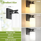 Set of 2 Wall Sconces for Bathroom, Modern Vanity Light Fixtures, Matte Black Wall Mount Lighting Lanterns, Farmhouse Wall Lights with White Glass Shade for Bedroom Living Room Mirror Hallway Kitchen