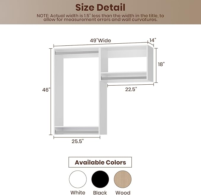 ROOMTEC Modular Closet System, 49" Wall-Mounted Closet Organizer with Hanging Rods, Wooden Tower for Walk-In Closets, Wardrobe Storage Kit, White