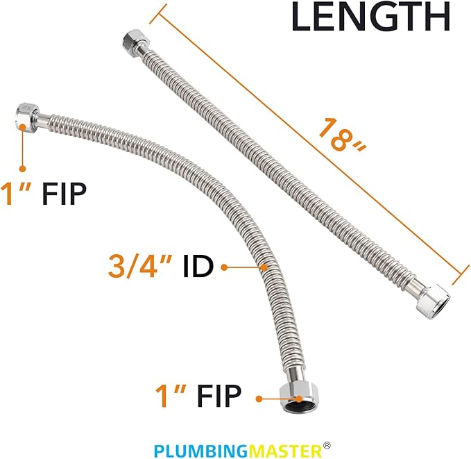 Stainless Steel Corrugated Water Heater Connector, 18-Inch,1” FIP* 1” hot and cold Corrugated Water flexible hose, Leak-Proof, 10-Year Warranty, 2-pack