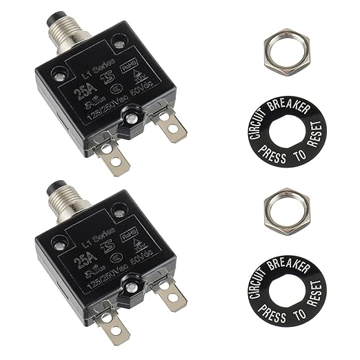 HUWREW 25 Amp Push Button Circuit Breaker 125-250V AC 50V DC L1 Series Manual Reset Thermal Circuit Breaker 25A Thermal Overload Protector (Pack of 2)