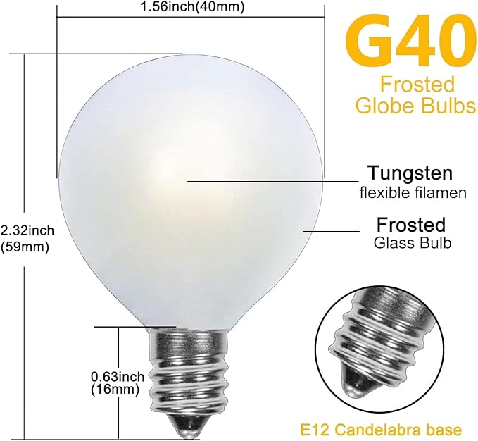 Abeja G40 Frosted Replacement Light Bulbs, 5W Clear Globe Bulb fits E12 C7 Candelabra Screw Base Sockets, 1.5 Inch Dimmable Light Bulbs for Indoor Outdoor Patio Decor, Pack of 25