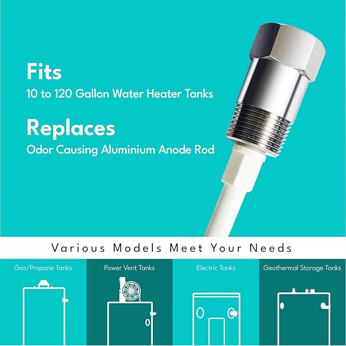 Powered Anode Rod for Hot Water Heater Tank with Teflon Tape, Titanium Electrical Anode Rod, Eliminates Rotten Egg Smell, Stops Corrosion Reduces Limescale