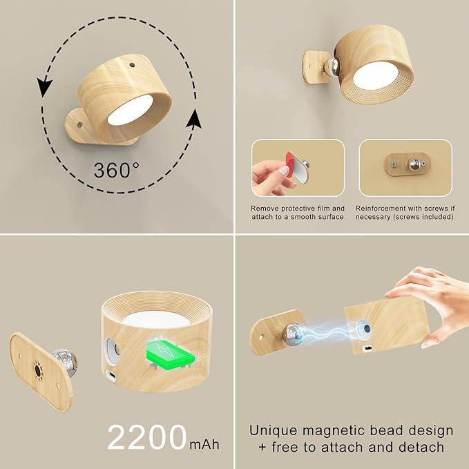 Koopala 3PACK Rechargeable LED Wall Sconce, Cordless Battery with Remote Powered Wall Sconce, 3 Brightness Levels, 360° Swivel Magnetic Shade for Reading Bedside, Wood Grain Color.