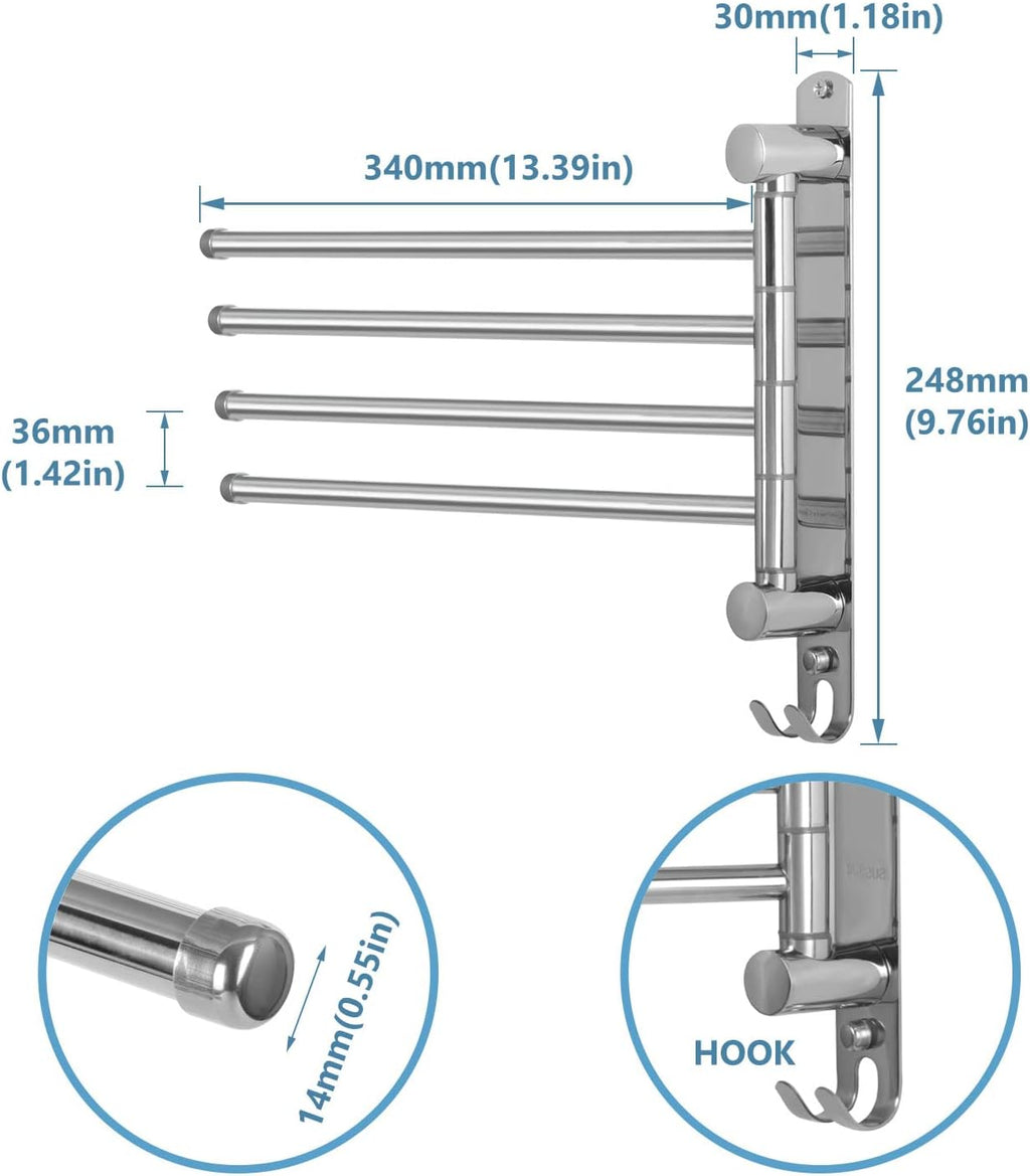 Bathroom Towel Rack JSVER 4 Arms Swivel Towel Holder, Towel Bar Wall Mounted, SUS304 Stainless Steel Space Saving Towel Rack, Towel Racks for Bathroom, Kitchen