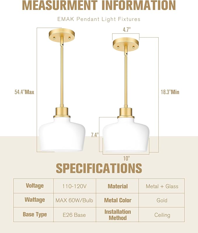 Emak Gold Pendant Lights Kitchen Island, 10 Inch Large Pendant Light with Milk Glass Shade, Modern Hanging Light Fixture for Kitchen, Dining Room, PL126-GD-ML