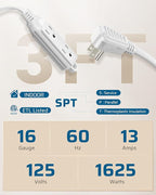 DEWENWILS 3 Outlet Extension Cord with Flat Plug, 3FT 16/3 Awg Grounded Power Cable for Indoor Use, SPT-3 Cord, White, ETL Listed, 2 Pack