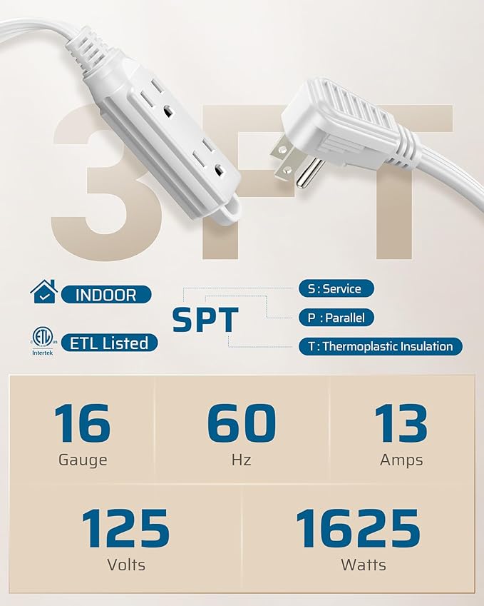 DEWENWILS 3 Outlet Extension Cord with Flat Plug, 3FT 16/3 Awg Grounded Power Cable for Indoor Use, SPT-3 Cord, White, ETL Listed, 2 Pack