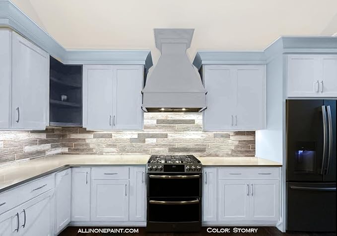 ALL-IN-ONE Paint, Durable cabinet and furniture paint. Built in primer and top coat, no sanding needed. Includes our 30 featured color card - Stormy (pastel blue), 8oz Sample