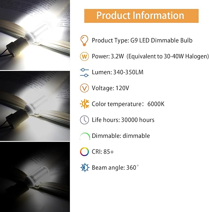 G9 LED Bulb Dimmable 3.2W (30-40W Halogen Bulb Equivalent), Cool White 6000K, 120V 350LM G9 Bi Pin Base Light Bulbs for Chandelier Light, No Flicker, 360° Beam Angle, 6 Pack