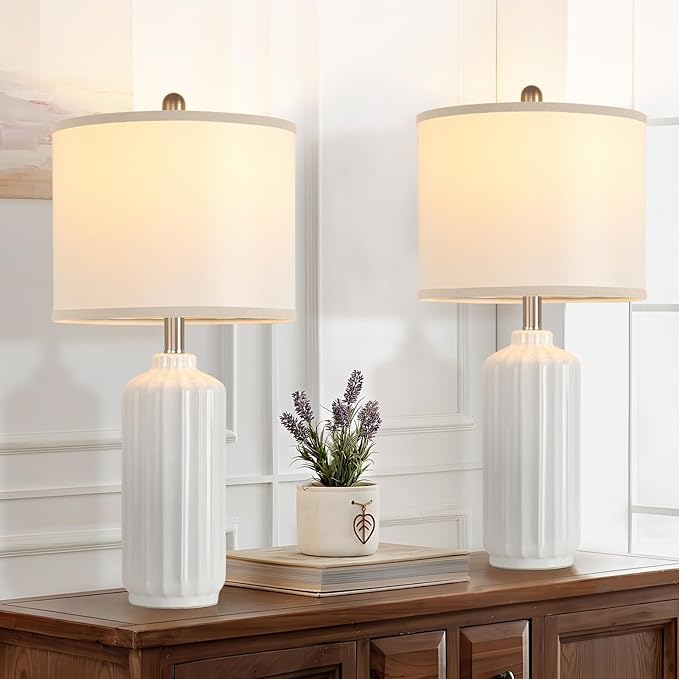 Lamp for Living Room Bedroom Lamps Farmhouse Table Lamps Set of 2 Vertical Stripe Ceramic Table Lamp,Linen Shade with Bulb, 25 in High, White