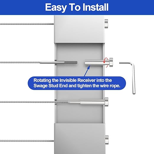 CKE 10 Pairs Invisible Cable Railing Kit, 1/8" Invisible Receiver and Swage Stud End Tensioner Terminal Hidden for 2"x2", 4"x4" Wood/Metal Post, T316 Stainless Steel Deck Cable Railing Hardware, CR31