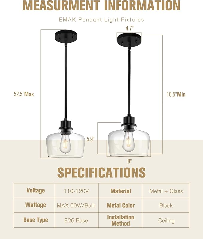 Emak 2 Pack Pendant Lights Kitchen Island, 8 Inch Black Pendant Light Fixtures with Clear Glass Shade, Modern Farmhouse Island Lights for Kitchen, Dining Room, Bar, PL122-BK-CG-2PK