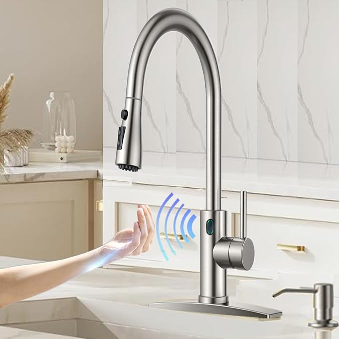 Touch-Less Kitchen Faucet, 3 Modes Pull Down Sprayer,LED Temperature Control,Sensor Activated,Ceramic Valve, 360-Degree Rotation,1 or 3 Hole Deck Plate.10-Year Warranty. (KW-78SN,Brushed Nickel)