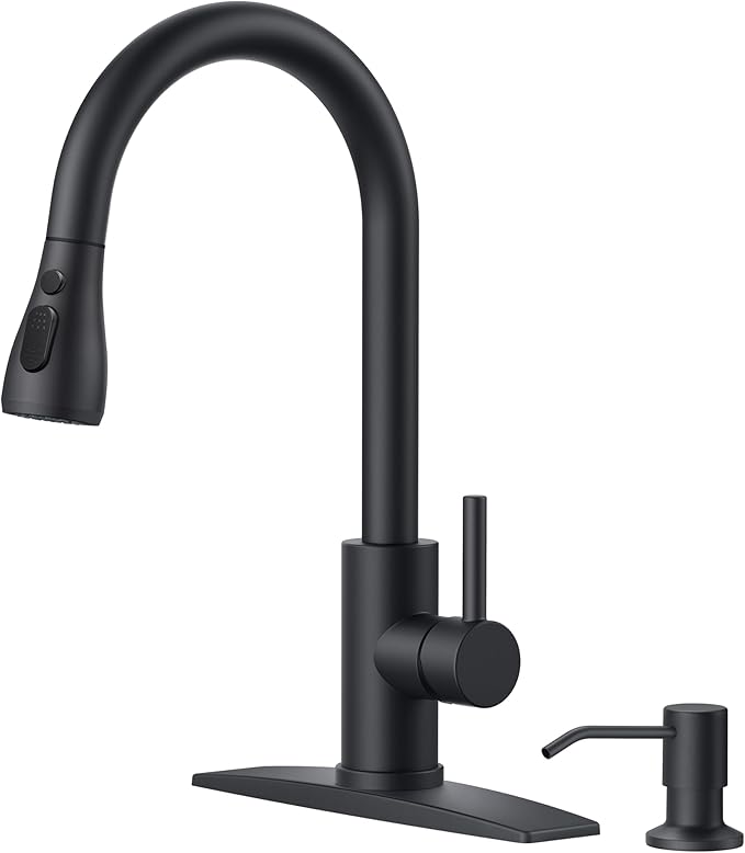 FORIOUS Black Kitchen Faucet with Soap Dispenser, Single Handle Stainless Steel Transitional Sink Faucet with Pull Down Sprayer 1 or 3 Hole, Suitable for Farmhouse Laundry Camper RV Bar