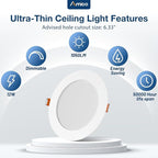 Amico 12 Pack 6 Inch 5CCT Ultra-Thin LED Recessed Ceiling Light with Metal Junction Box, 2700K-5000K Selectable, 12W Eqv 110W, Dimmable Canless Wafer Downlight with Plastic Trim, 1050 Lumens -ETL&FCC