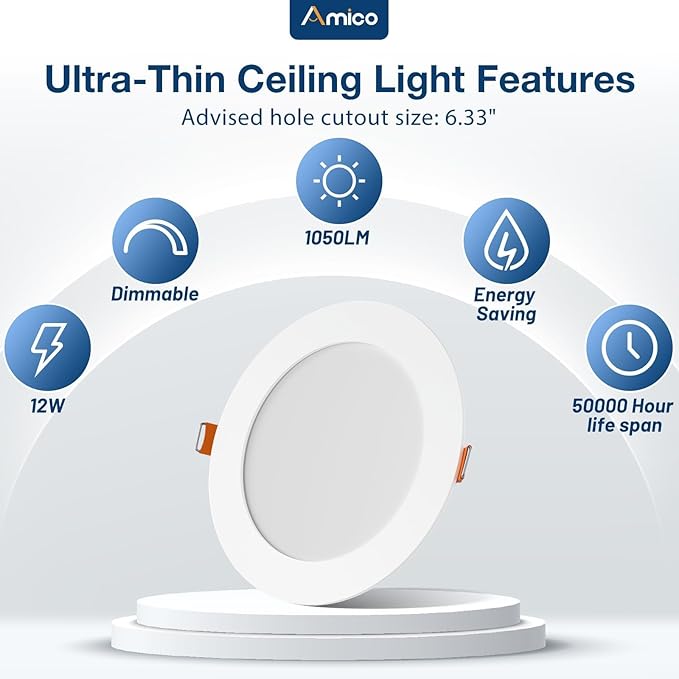 Amico 6 Pack 6 Inch 5CCT Ultra-Thin LED Recessed Ceiling Light with Metal Junction Box, 2700K-5000K Selectable, 12W Eqv 110W, Dimmable Canless Wafer Downlight with Plastic Trim, 1050 Lumens -ETL&FCC