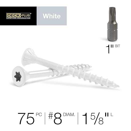 Deck Plus 1-5/8 Inch Epoxy Coated Exterior Wood and Fence Screws #8 x 1-5/8" Torx/Star Drive Included Coarse Thread, Outdoor Rust Resistant Decking Screw, White, 75 Pieces | 42667