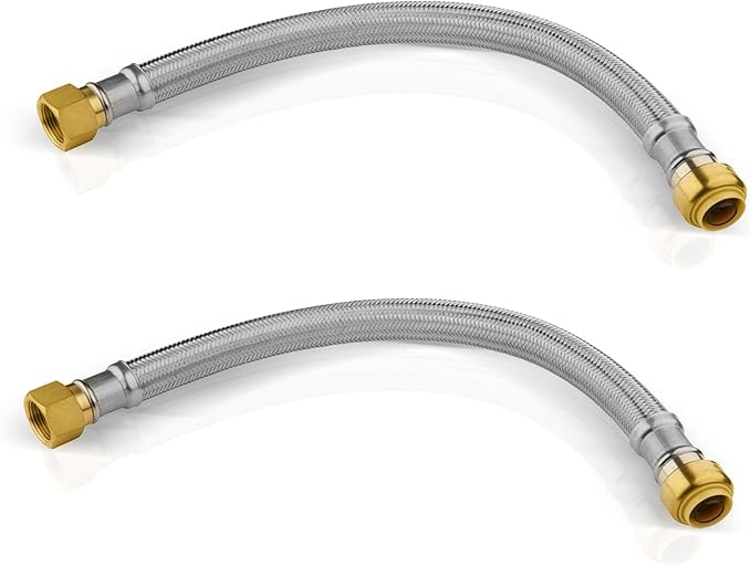 2 Pack Foskan 15-Inch Flexible Water Heater Connector Hose,with 1/2" Push-Fit x 3/4" FIP,Compatible with Copper, PEX, CPVC, and PE-RT Pipes for Water and Heating Use（15" Length）
