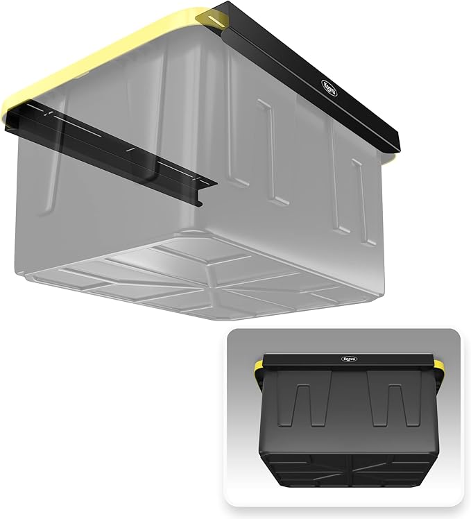 Koova Heavy-Duty Overhead Garage Storage Rack for 1 Bin. Adjustable Width, 40lb Capacity. DIY Super Safe Ceiling Mount, Easy 4-Bolt Install. Fits 27-Gallon Tote. USA Made Steel. Space Saving Organizer