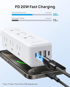 TROND Surge Protector Power Strip: 9 Widely Spaced AC Outlets with 20W USB C Charger Power Strip, 15ft Flat Plug Extension Cord, Wall Mount, Desk Charging Station, Hotel Dorm Room Essentials, White