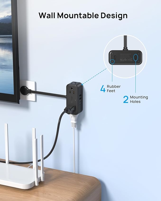 TROND Outlet Extender with 6 Inch Cord, Multi Plug Wall Outlet with 4 Electrical Sockets and 4 USB Ports, Wall Mountable, Flat Plug Adapter for Home Office Travel, Cruise Ship Essentials, Black