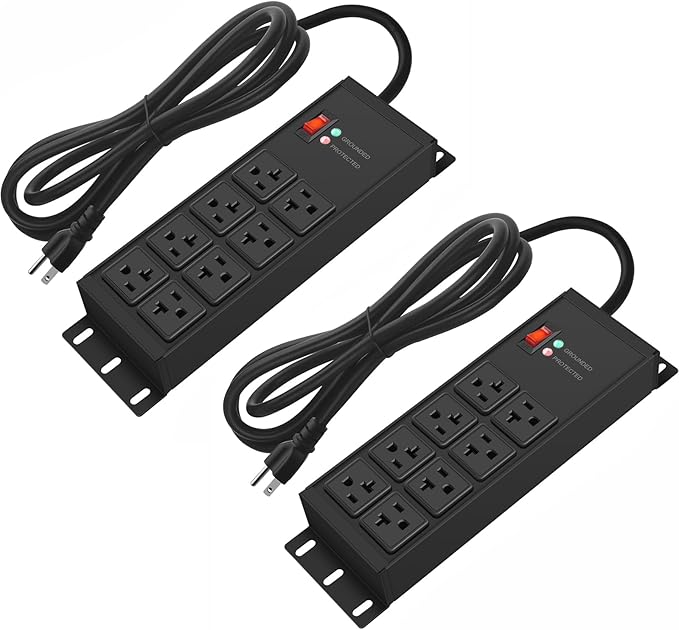 CCCEI 2PCS Heavy Duty Power Strip Surge Protector 20 AMP, 8 Outlets 12 Gauge Shop Garage Metal Multiple Outlets, 6 FT Extension Cord 5-15P Adapter High Amp 6-20R T-Slot 20a for Appliance Black.