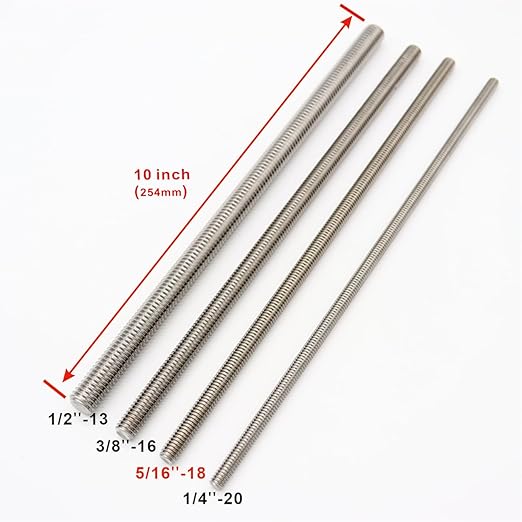 5/16"-18 Fully Threaded Rod Studs 5 Pack 10" Long Threaded Screw 304 Stainless Steel Right Hand Threads All Threaded Rod Studs for Anchor Bolts Clamps Hangers U-Bolts