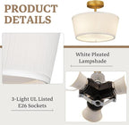 Gold Semi Flush Mount Ceiling Light Fixture,3-Light Ceiling Mount Drum Light Fixture with White Fabric Shade,12.6inch Modern Close to Ceiling Lamps for Living Room, Bedroom, Dining Room,Hallway