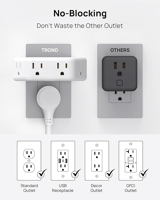 TROND Multi Plug Outlet Extender 2 Pack - Surge Protector Outlet with 4 Grounded Sockets, 3 Way Angled Plug Splitter, 900J, Multiple Wall Adapter for Home Office Travel Dorm Room, White