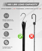 Bungee Cords Heavy Duty Outdoor 21", 10 Pack Rubber Bungee Straps with Metal S Hooks, EPDM Tarp Straps for Cargo, Canopy, All-Weather Use, 180 lbs Load